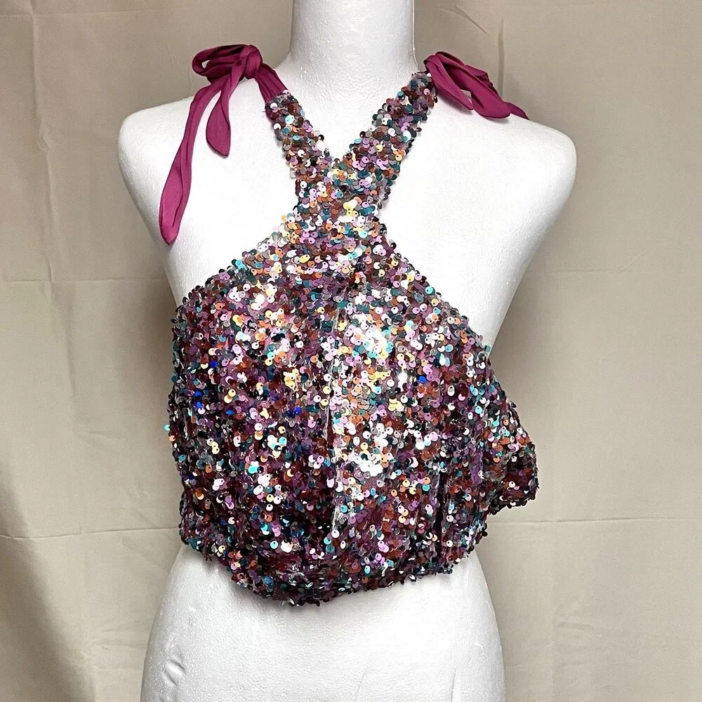 Intimately Free People NWT Size L Pink Sequin Halter Crop Top Festival Party